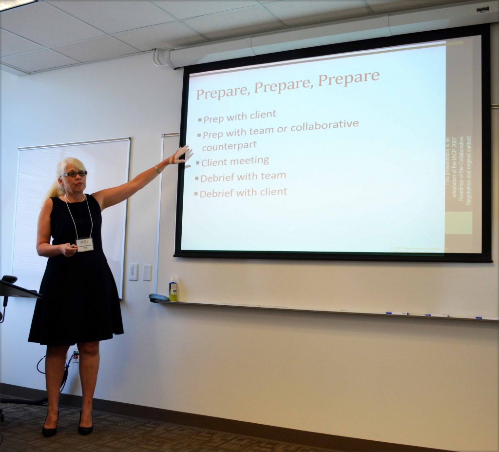 Family Divorce Solutions member Stephanie Maloney leads participants in discussion at the recent Collaborative Practice Training at Loyola Law School. 